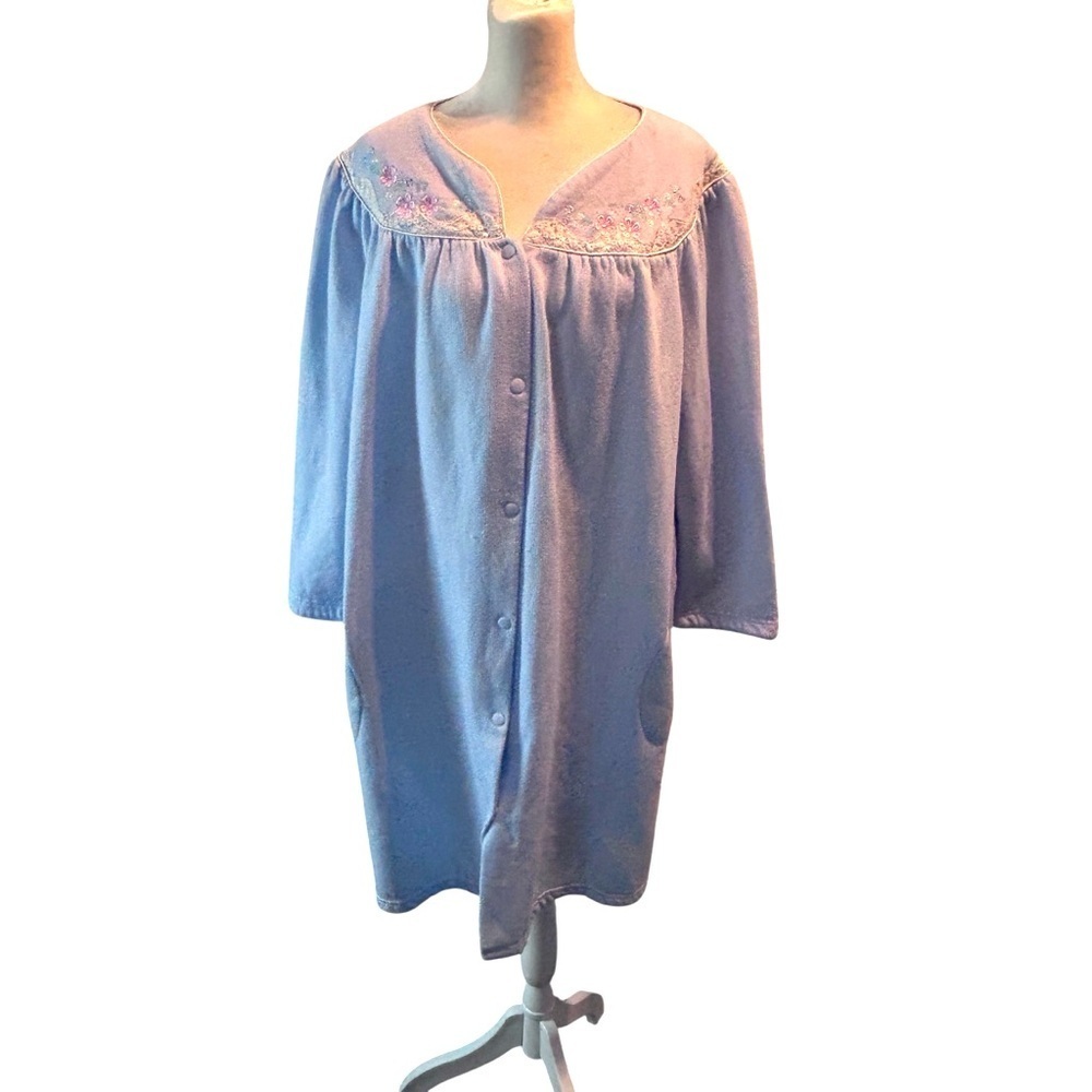 Adonna Button Front Long Sleeve Blue Women's Large Pocket Robe